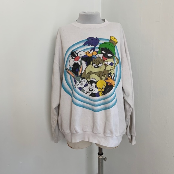 VTG 90s Looney Tunes Double Side Crewneck Sweater Sweatshirt bullseye oversized - Picture 3 of 17